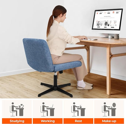 NEO CHAIR Criss Cross Chair No Wheel Vanity Desk Chair Wide Armless Cross Legged Office Comfy Makeup Adjustable Computer Task for Home Office Fabric (Blue)