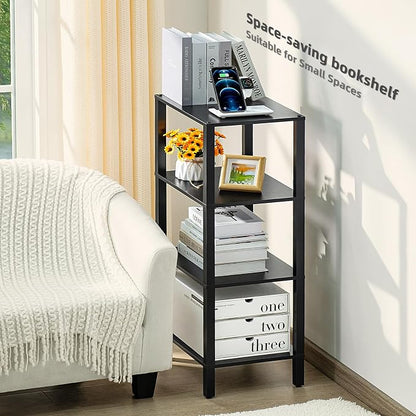 YUFAM 4 Tier Tall Wooden Bookshelf with Storage - Small Bookcase for Small Spaces, Shelf for Living Room, Office, Bedroom, Kitchen - Industrial Modern Black Book Shelf