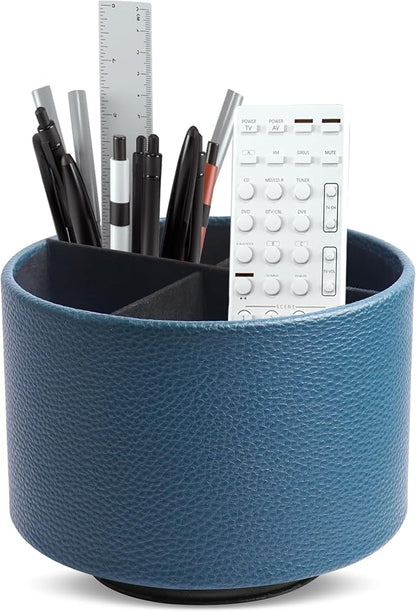 Round Leather Art Supply Organizer,Remote Control Holder,360 Degree Spinning,Multi-Functional Pencil Holder,4 Compartments Desktop Stationary Organizer(1-Lichee Green)