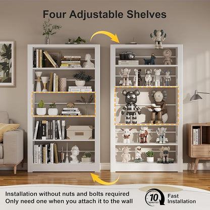 Metal White Bookshelf, 69" Tall Bookshelf with Adjustable Shelves, 5 Shelf Bookcase, Large Bookshelves and Bookcases, Book Shelf Organizer for Home Office, Library, Bedroom, Living Room