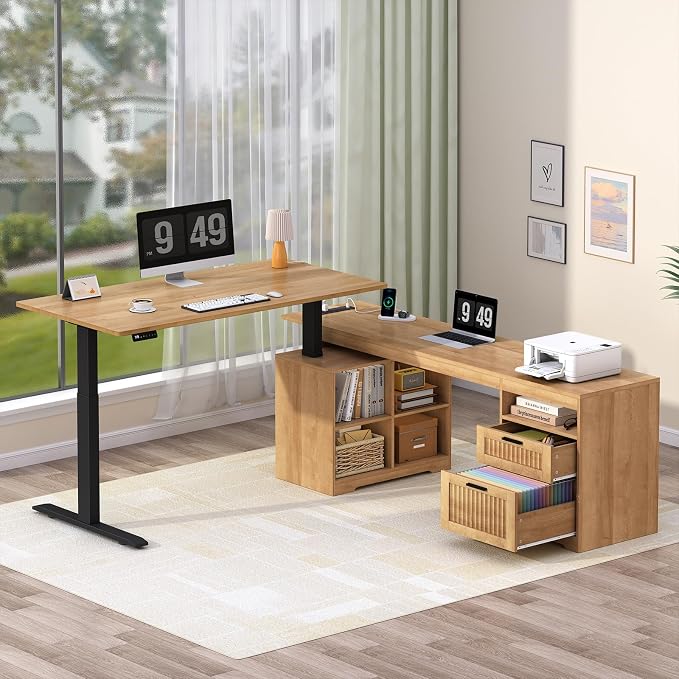 YOMILUVE Fluted L Shaped Standing Desk, 66 inch Corner Electric Standing Desk with Drawers ＆ Storage Shelves, Height Adjustable Computer Desk with Power Outlets for Home Office (Oak)