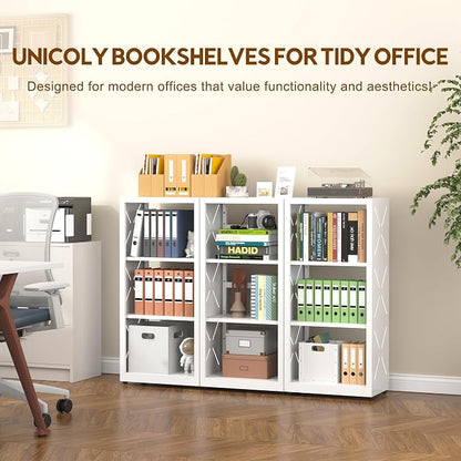 UNICOLY Bookshelves and Bookcases, 3 Tier Metal Bookshelf with Adjustable Shelves and Bookends, Open Shelf Bookcase, Display Shelves for Home Decor Bedroom, Living Room, Home Office, White