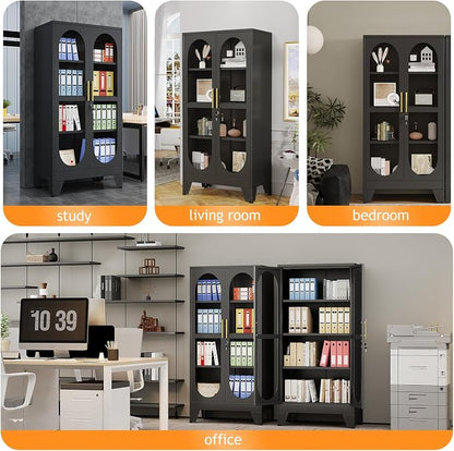 PAOFIN 61" H Locking Display Cabinet with Glass Door, Metal Cabinets with 3 Adjustable Shelves, Cabinet Display Case for Living Room, Collectibles, Clinic, Home - Assembly Required Black