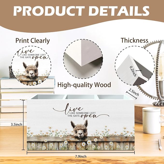 DILSJ Alpaca Inspirational Pen Pencil Holder Organizer for Desk, Alpaca Gifts for Women, Live Like Someone Left the Gate Open Wooden Box Signs for Home Office Desk Tabletop Decoration