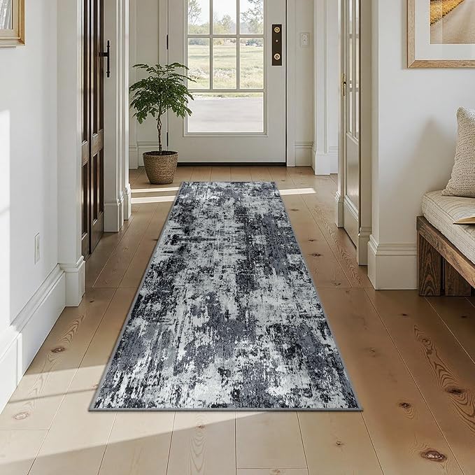RELEANY Washable Area Rugs 2x7 Non-Slip Modern Abstract Soft for Living Room Entryway Bedroom Kitchen, Print Pattern, Black Navy Blue Gray
