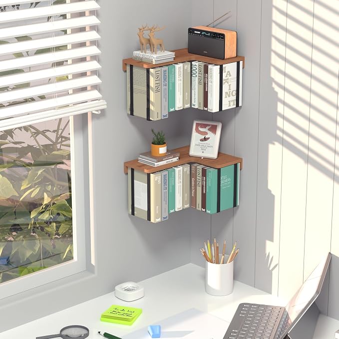 L-Shaped Corner Floating Shelves Set of 2, Floating Book Shelves for Wall | Pine Wood Wall Mount Floating Bookshelf with Hanging Strap Holds 9 Books, Hanging Hookshelf Display Shelf for Home Wall Decor