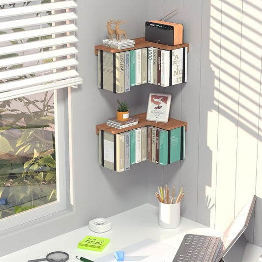 L-Shaped Corner Floating Shelves Set of 2, Floating Book Shelves for Wall | Pine Wood Wall Mount Floating Bookshelf with Hanging Strap Holds 9 Books, Hanging Hookshelf Display Shelf for Home Wall Decor