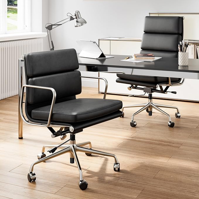 Genuine Leather Office Chair, Padded Mid Back Ergonomic Executive Desk Chair with Aluminum Arm Rest and Base, Swivel Wheels with Lumbar Support & Tilting Function, Hight Adjustable, Black