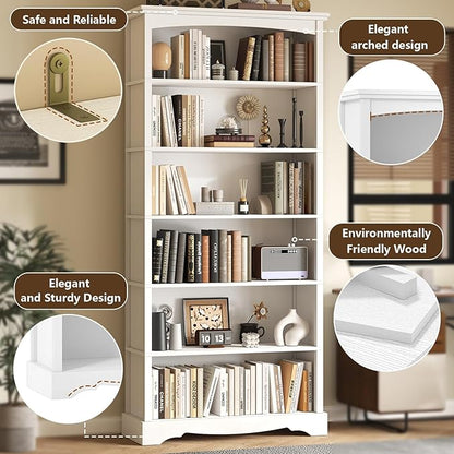 TVU 6-Tier Wooden Bookshelf, 76 Inch Tall Bookshelf with Storage, Floor Standing Modern Style Display Bookcase for Living Room, Office, Study Room, Entryway, White