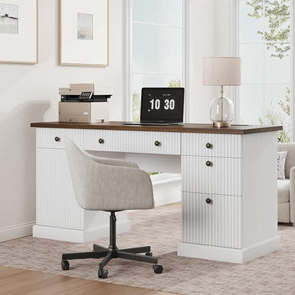 Garvee 60" Office Desk with Storage & Drawers, Fluted Wood Executive Desk with File Drawer & Charging Station, Modern Computer Desk with Adjustable Shelves for Home Office, White
