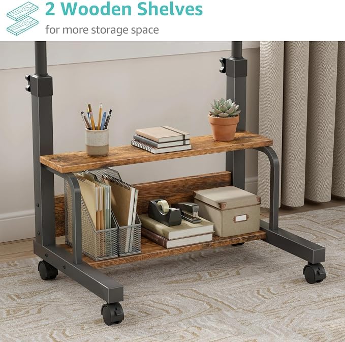 WINAZ C Shaped Rolling Laptop Desk - 32" Rustic Brown Mobile Portable Small Desk with Wheels for Small Spaces, Height Adjustable Overbed Table with 2-Tier Storage Shelves