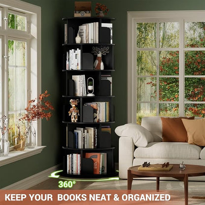 Besiost Rotating Bookshelf Tower, 6 Tier Spinning Bookcase, Revolving 360 Book Shelf Narrow Tall Bookcase, Vertical Turning Round Bookshelf Organizer, Wood Corner Bookshelf for Small Space, Black