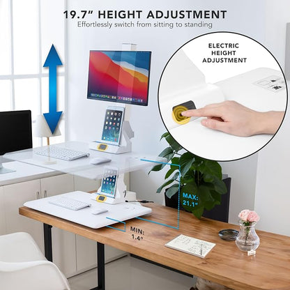 Mount-It! Electric Standing Desk Converter, Adjustable Tabletop Sit Stand Desk Riser with Single Monitor Mount for Monitors up to 32", Freestanding 28" Wide Platform Rises up to 20.75" White