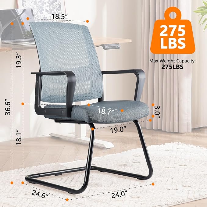 CLATINA Waiting Room Chairs with Armrests and Adjustable Lumbar Support, Breathable Mesh Back Desk Chair No Wheels, Office Guest Chairs & Reception Chair for Conference Room, Grey, 2PK