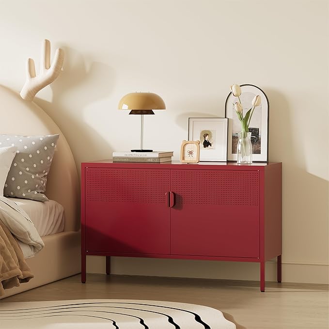 Metal Storage Cabinet,2 Door TV Stand, Metal Mesh Accent Cabinet,Magnetic Door Closure,Low Storage Cabinets with Doors and Shelves