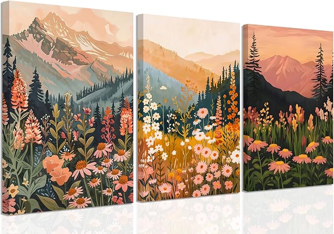 Boho Colorful Watercolor Mountain Canvas Wall Art Set of 3, Wildflower Posters Wall Decor, Abstract Nature Landscape Artwork Paintings Picture Print for Living Room Bedroom Office 12x16 Inch Framed