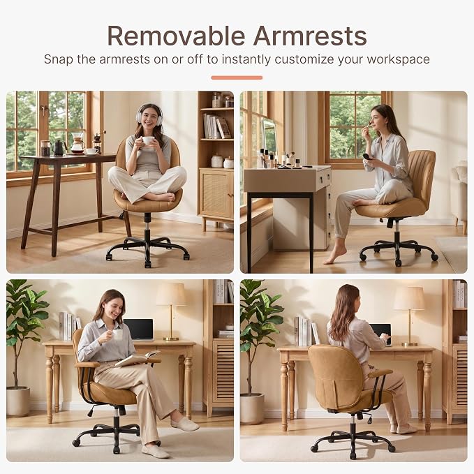 KISLOT Ergonomic Home Office Chair with Removable Arms, Adjustable Swivel Desk Chair with Wheels, Modern Faux Leather Computer Chair with Lumbar Support, Camel Brown