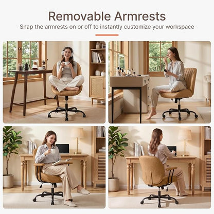 KISLOT Ergonomic Home Office Chair with Removable Arms, Adjustable Swivel Desk Chair with Wheels, Modern Faux Leather Computer Chair with Lumbar Support, Camel Brown