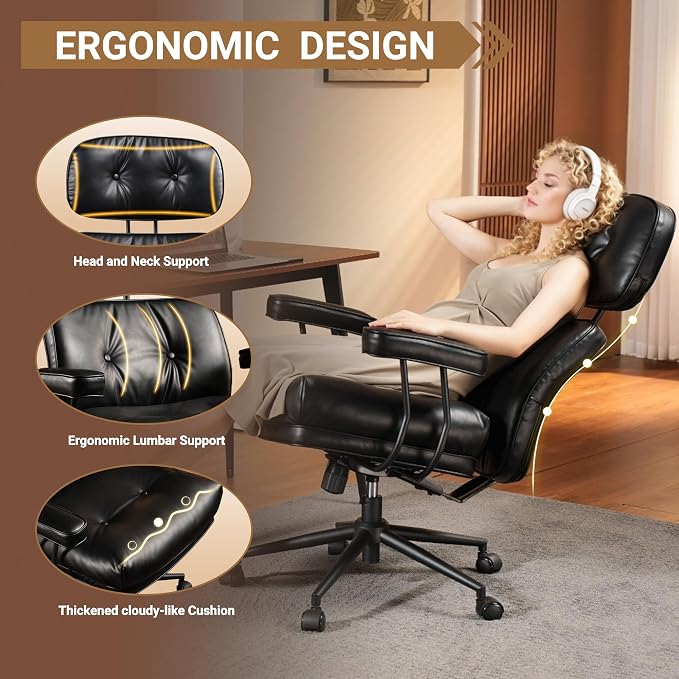Home Office Chair,Ergonomic Computer Chair with Lumbar Support Adjustable Height,Mid-Century Modern Office Chair with Rolling Swivel Chair for Home Office Game Study(PU Leather Chair,Dark)