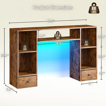 REIBII Desktop Bookshelf with LED Lights,47.2" Desktop Organizer with 6 Shelves and 2 Drawers for Top of Desk,Multipurpose Desk Hutch Dorm with Adjustable Shelves for Home and Office,Rustic Brown