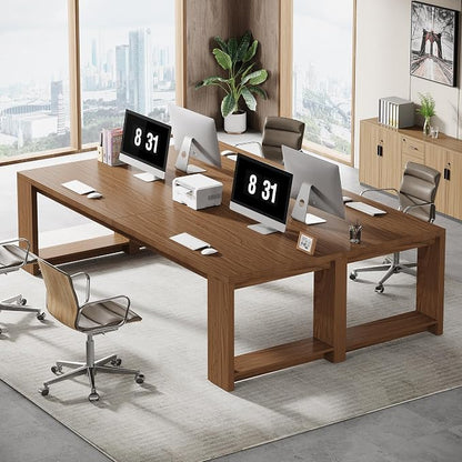 Tribesigns Two Person Desk, 86.6-Inch Extra Long Desk, Double Computer Writing Table, Wood Large Desks Workstation for Home Office, Walnut