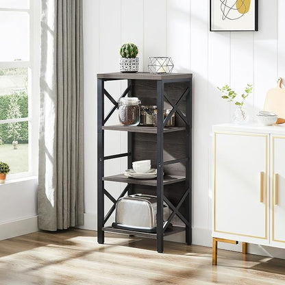 MNEETRUNG Small Bookshelf,4 Tier Industrial Bookcase with Metal Frame and Backboard,Narrow Rustic Gery Book Shelf,Book case for Small Spaces,Living Room,Bedroom and Home Office