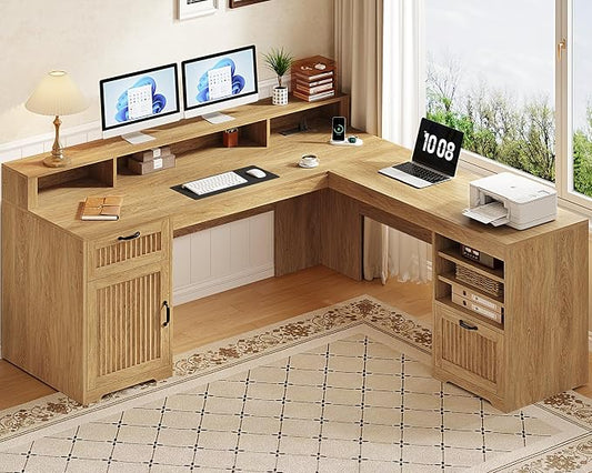 YOMILUVE 63" L Shaped Desk with Drawers, Farmhouse Corner Computer Desk with Power Outlets, Storage Cabinet, Home Office Executive Desk with Long Monitor Stand, Oak