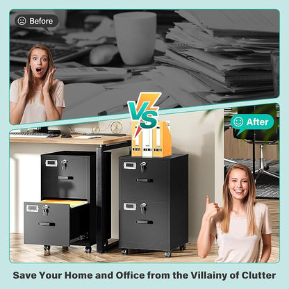 SISESOL 2 Drawer File Cabinet on Wheels,Metal Filing Cabinet with Lock,Black Rolling File Cabinets with Casters,Under Desk Office Cabinets for Home Office,Fit A4/Letter/Legal,Easy Assembly