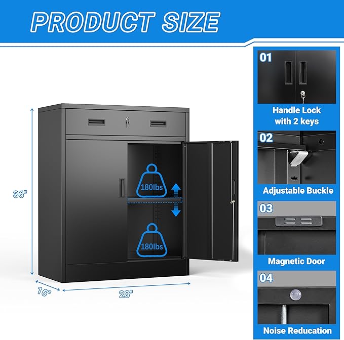 BESFUR Metal Storage Cabinet with Doors and Shelves, 36" H Locking Storage Cabinet with 1 Drawers, Reinforced Heavy Duty Metal Cabinets for Garage, Office, Home(Black)