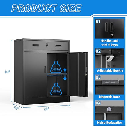 BESFUR Metal Storage Cabinet with Doors and Shelves, 36" H Locking Storage Cabinet with 1 Drawers, Reinforced Heavy Duty Metal Cabinets for Garage, Office, Home(Black)