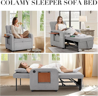 Convertible Sleeper Chair-Fabric Futon Sofa Bed, Single Sleeper Sofa, Small Couch Bed with USB Port, Foldable Table, Pillow, Adjustable Backrest for Dorm/Bedroom/College Lightgrey