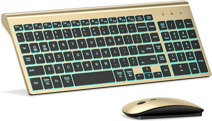 Wireless Backlit Keyboard and Mouse Ultra Slim Combo, TopMate 2.4G Silent Compact 2400DPI Mouse and Scissor Switch Keyboard Set, Batteries Included, for PC/Laptop/Windows/Mac/Gaming - BL Gold Black