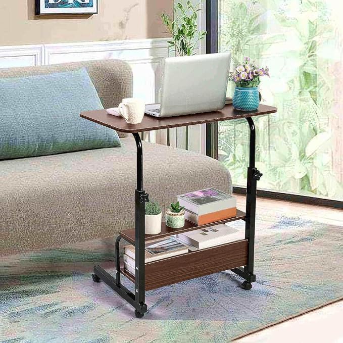Adjustable Table Student Computer Desk Portable Home Office Furniture Small Spaces Sofa Bedroom Bedside Learn Play Game Desk on Wheels Movable with Storage Size 31.5 * 15.7 Inch Brown A
