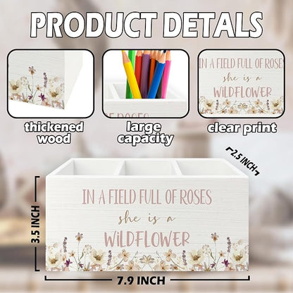 Wildflower Nursery Decor Pen Pencil Holder Organizer for Desk, Girl Nursery Decor, in a Field Full of Roses She Is a Wildflower Wooden Box Sign for Girly Room Bedroom Desk Tabletop Decorations