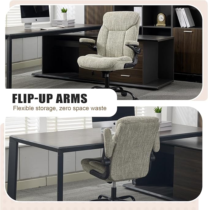 Fabric Executive Office Chair - Ergonomic Computer Chair with Flip-up Arms Comfy Cloth Home Desk Chairs Mid Back Support Adjustable Height Tilt Lock Swivel Rolling Wheels, LightGreen