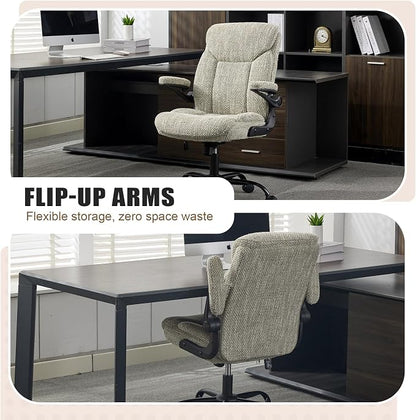Fabric Executive Office Chair - Ergonomic Computer Chair with Flip-up Arms Comfy Cloth Home Desk Chairs Mid Back Support Adjustable Height Tilt Lock Swivel Rolling Wheels, LightGreen