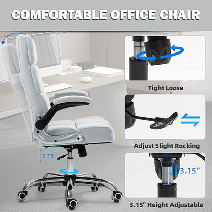 ECOTOUGE Executive Office Chair, Velvet Ergonomic Comfy Desk Chair, High Back Computer Chair with Adjustable Tilt Angle and Flip-up Arms (Grey, Without Footrest)