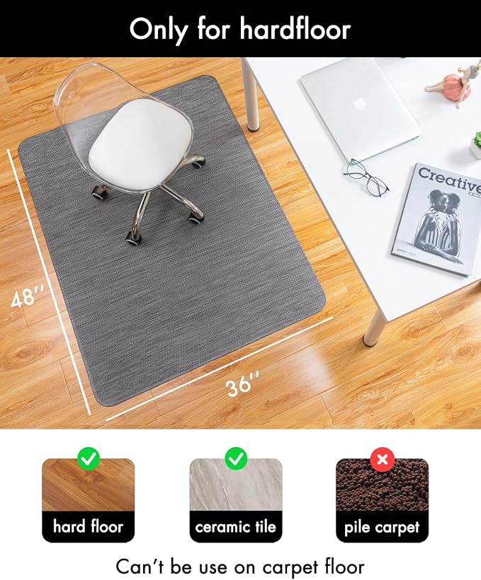 Baroyal Office Chair Mat for Hardwood Floor Under Desk Computer Rolling Chair Mat for Wood/Tile Floor Non-Slip Heavy Duty Desk Rug PVC Plastic Hard Floor Protector 36" x 48" (Gray)