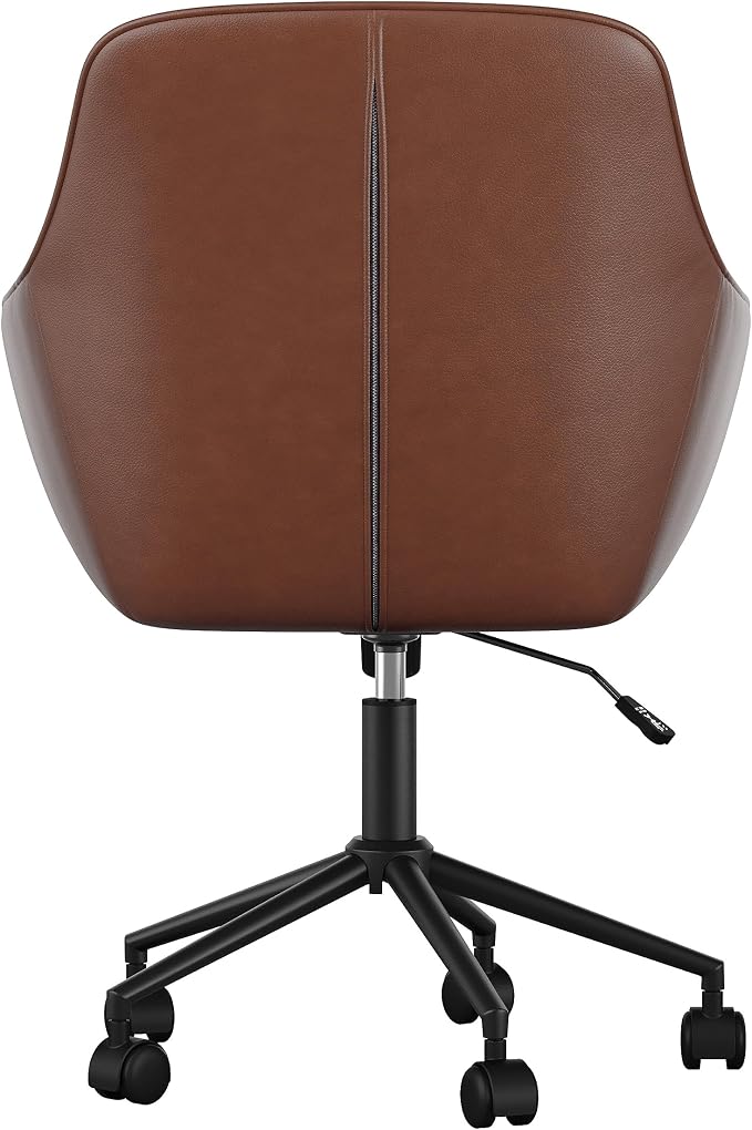 Martha Stewart Rayna Swivel Task Chair with Flared Arms for Home Office in Saddle Brown Faux Leather with Oil Rubbed Bronze Frame
