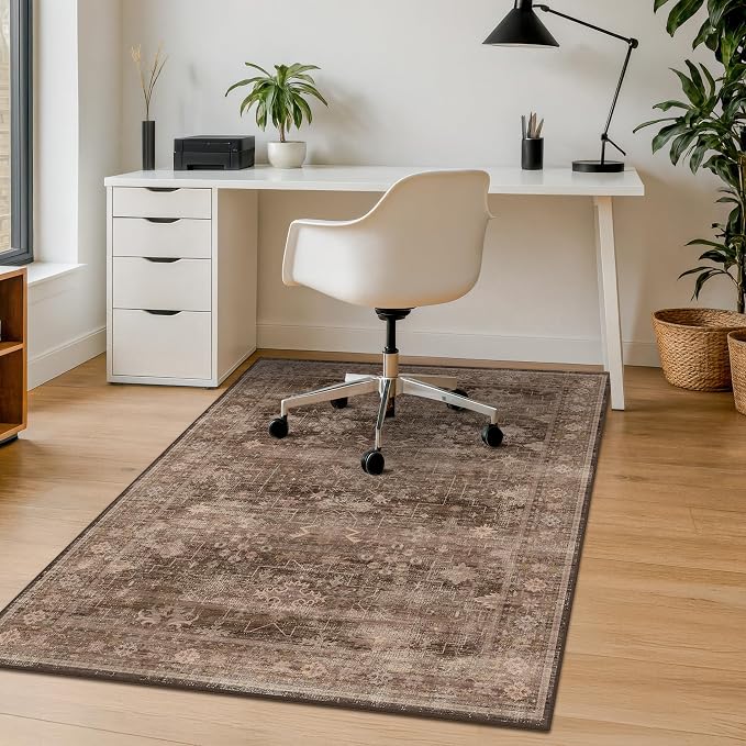 Brown Boho Office Chair Mat for Hard Wood Floors, Anti-Slip Floor Protector for Heavy Duty Computer Chair, 48"x60" Ultra Soft Low Pile Under Desk Rug, Easy to Clean, Taupe