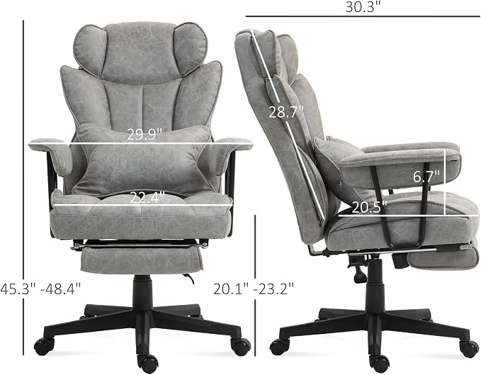 HOMCOM Massage Executive Office Chair with 6 Vibration Points, 400LBS Heated Big and Tall Office Chair with Foot Rest and Lumbar Support, Microfiber Reclining Computer Desk Chair, Gray