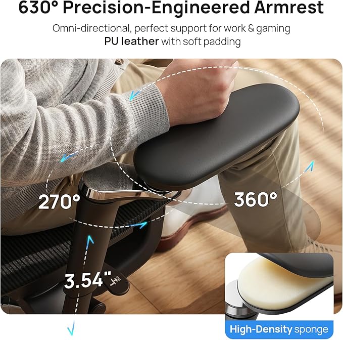 Ergonomic Office Chair with Adaptive Dual-Wing Lumbar Support - Over 10 Hours Sitting Comfortable Mesh Big and Tall Home Desk Chair, 4D Headrest, 2-Gear Footrest, 630° Armrst, Seat Depth Adjustable