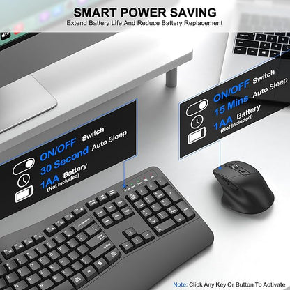 Wireless Keyboard and Mouse Combo, 2.4G Full Size Wave Keys Ergonomic Keyboard with Wrist Rest and 3-Level DPI Adjustable Wireless Ergonomic Mouse for Windows, Mac OS Desktop/Laptop/PC(Graphite)