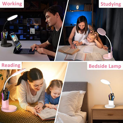 Desk Lamp, LED Desk Lamps for Home Office, Touch Table Lamp with 3 Color Modes 360° Adjustable Arm, Dimmable Desk Light with Pen Phone Holder for College Dorm, Pink