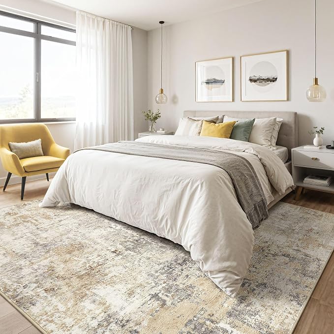 Area Rugs 8x12 Living Room: Washable Large Abstract Modern Soft Rugs Stain Resistant Indoor Floor Non Slip Accent Carpet for Bedroom Nursery Playroom Office Dining Room Dorm Home Decor- Gray Gold