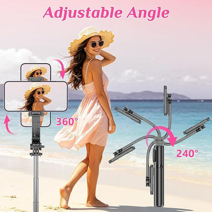 Selfie Stick Tripod with Fill Light, All in One Extendable Selfie Stick with Detachable Wireless Remote, Flexible Phone Tripod Stand Compatible with iPhone/Galaxy, Compact Size & Lightweight