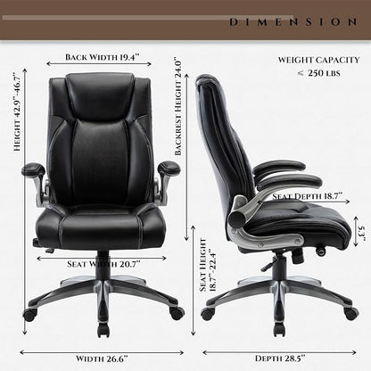 COLAMY Ergonomic Home Office Chair-Adjustable Lumbar Support for Extra Comfort, High Back Design with Padded Flip-up Arms for Adult Working, Study, Gaming (Black), 250lbs