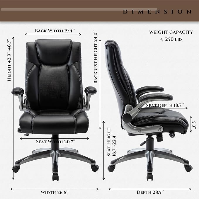 Office Chair Ergonomic Computer Chair, Executive Desk Chair with Adjustable Lumbar Support and Flip-up Arms, Swivel Rolling Work Chair-Black