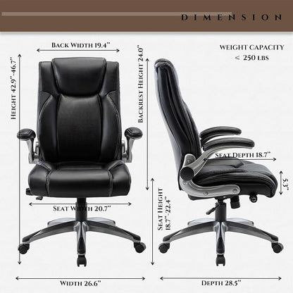 Office Chair Ergonomic Computer Chair, Executive Desk Chair with Adjustable Lumbar Support and Flip-up Arms, Swivel Rolling Work Chair-Black