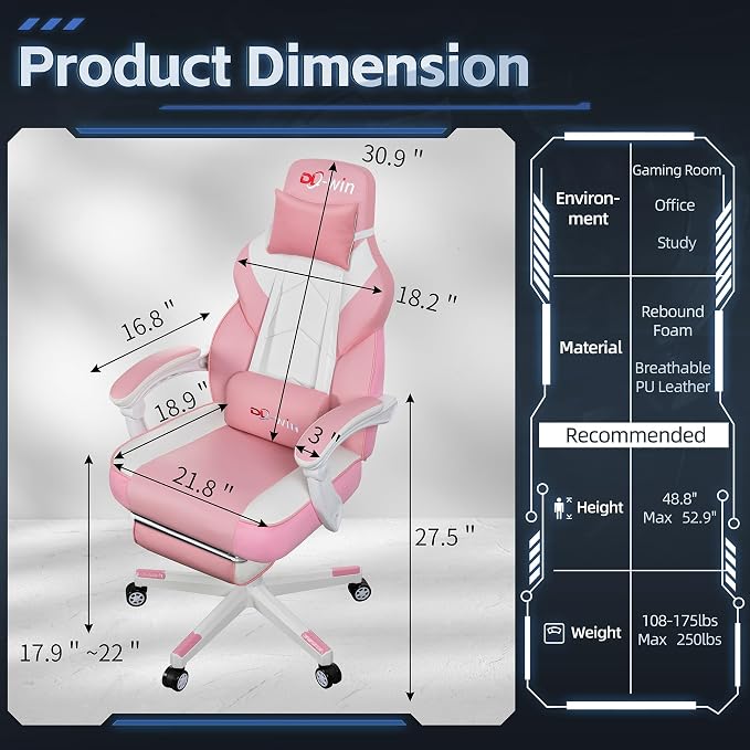 DL-win Video Gaming Chairs for Adults, Gamer Chair with Footrest, High Back, Big and Tall Gamer Chair‘s with Massage Lumbar Support, 360° Swivel Height Adjustable Computer Chaires, Pink